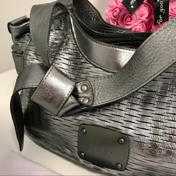 Authentic ⭐️ JIMMY CHOO ⭐️ Woman’s Silver / Metallic Leather Hobo Shoulder Bag - Picture 3 of 17